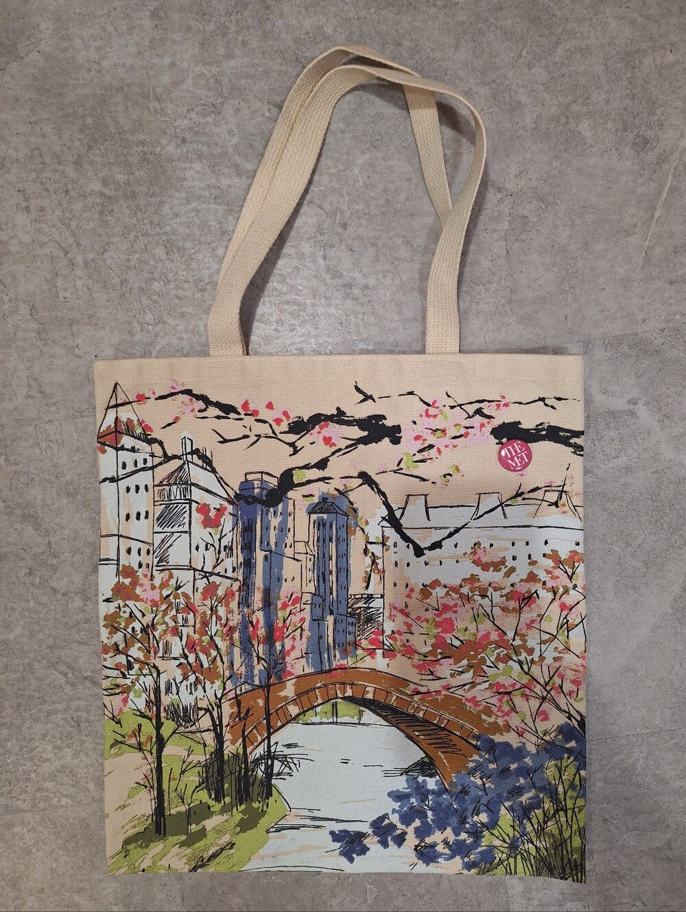 The Met Beige Canvas Tote Bag with Cityscape and Floral Print + Button